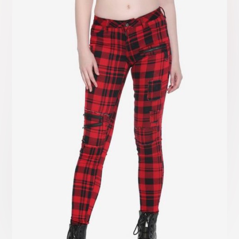 Hot Topic Blacheart Red Plaid Skinny Jeans